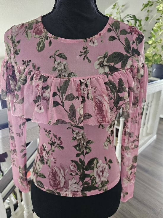 Polly & Esther Tops - Polly & Esther Pink Floral Ruffle Mesh Long-Sleeve Top